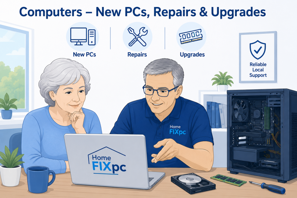 Illustration of HomeFIXpc technician advising a customer on computer repairs and upgrades