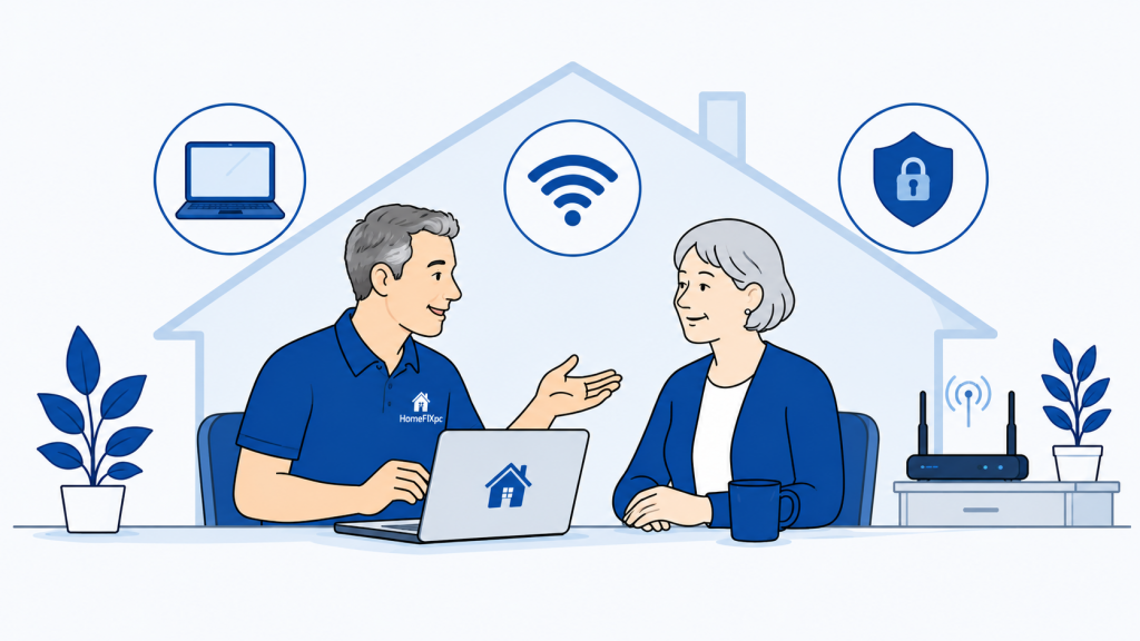 Illustration of homefixpc technician and customer sitting in front of laptop