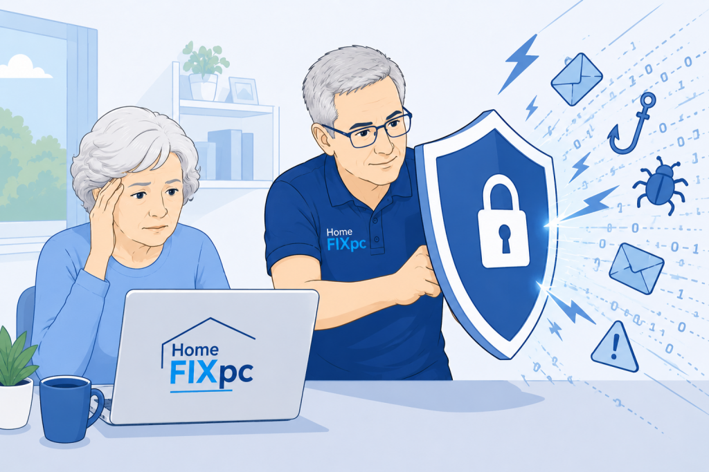 illustration of homefixpc technician holding a shield against a data attack on a customers  laptop